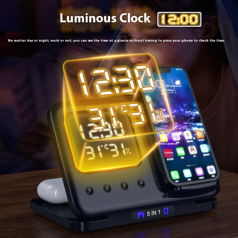 5-in-1 Wireless Charging Stand with LED Alarm Clock - Image 2