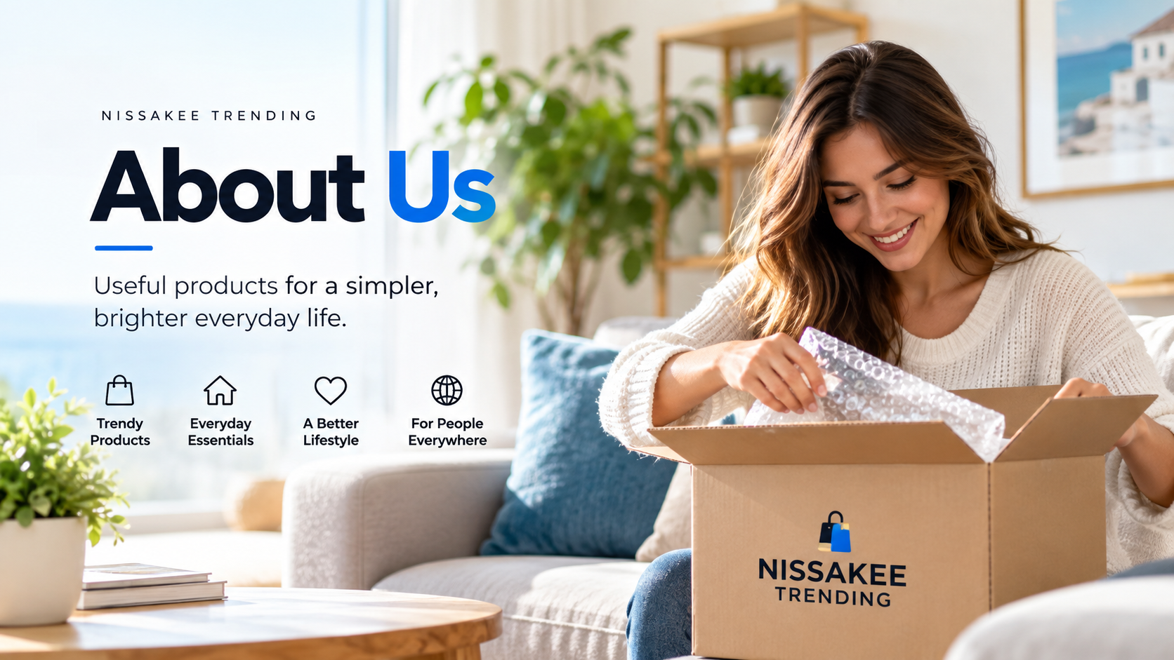 Nissakee Trending About Us hero banner with woman opening a package and brand values